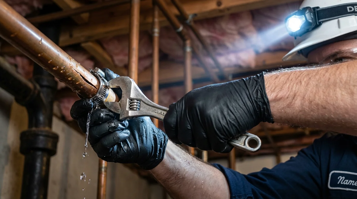 Emergency pipe clamp repair being performed by a Johns Plumbing LLC plumber in Edinburg