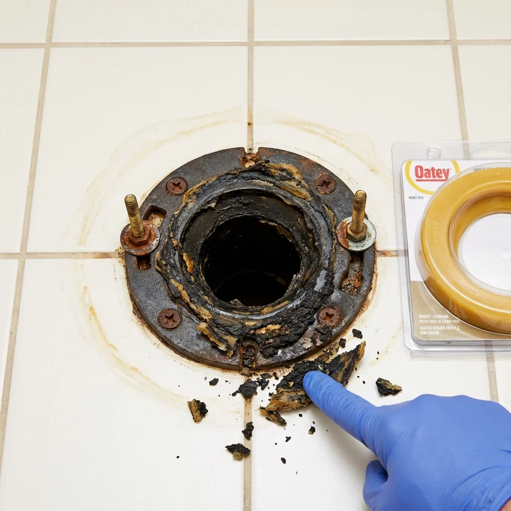 Failed wax ring showing water seepage at the base of a toilet in a Edinburg, TX home