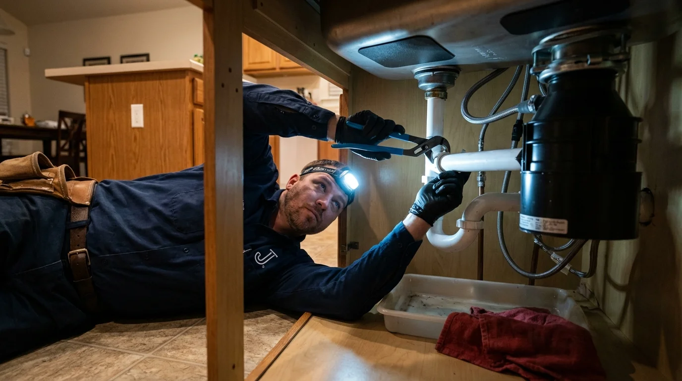 P-trap and supply line connections under a kitchen sink showing a common leak point in Edinburg, TX